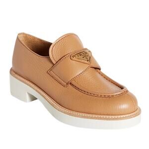 Prada Triangle Logo Pebble Leather Platform Loafer in Brown Size 37.5